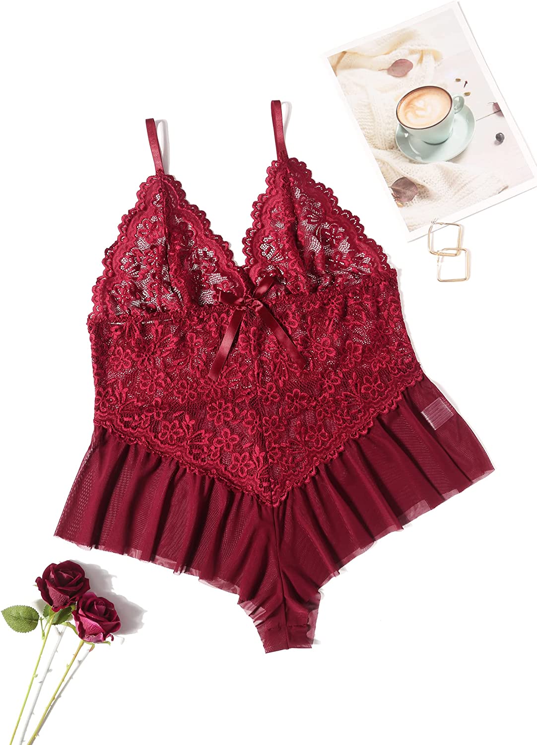Avidlove Plus Size Lingerie for Lace Bodysuit One Piece Teddy Babydoll Mesh Chemise V Neck Sleepwear L-4XL