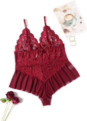 Avidlove Plus Size Lingerie for Lace Bodysuit One Piece Teddy Babydoll Mesh Chemise V Neck Sleepwear L-4XL
