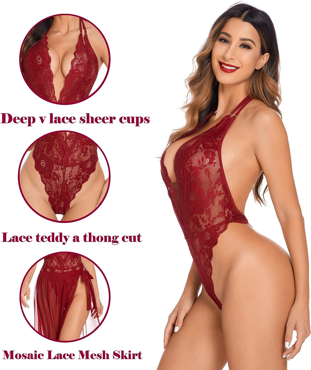 Avidlove Lingerie Nightgowns Deep V Lace Bodysuit Mosaic Lace Teddy Mesh Skirt