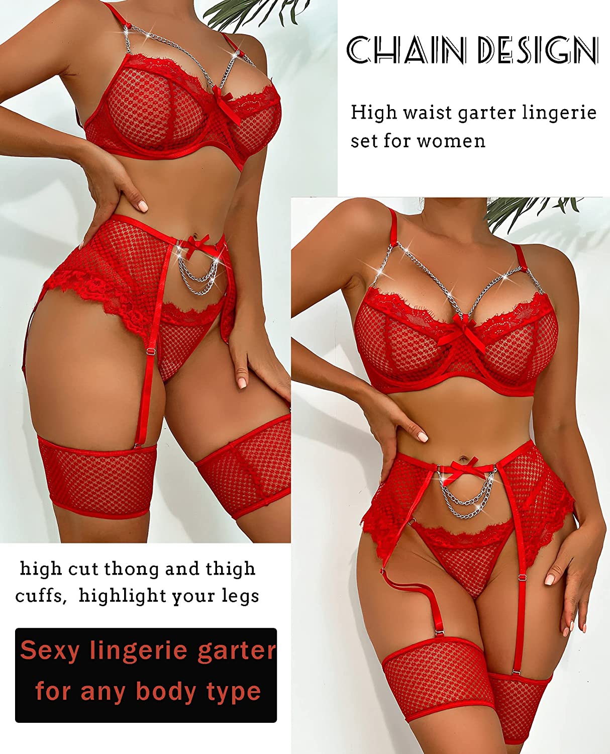 Avidlove Garter Set Lingerie for Fishnet Underwire Lace 4 Piece Sets Chain Bra S-XXL