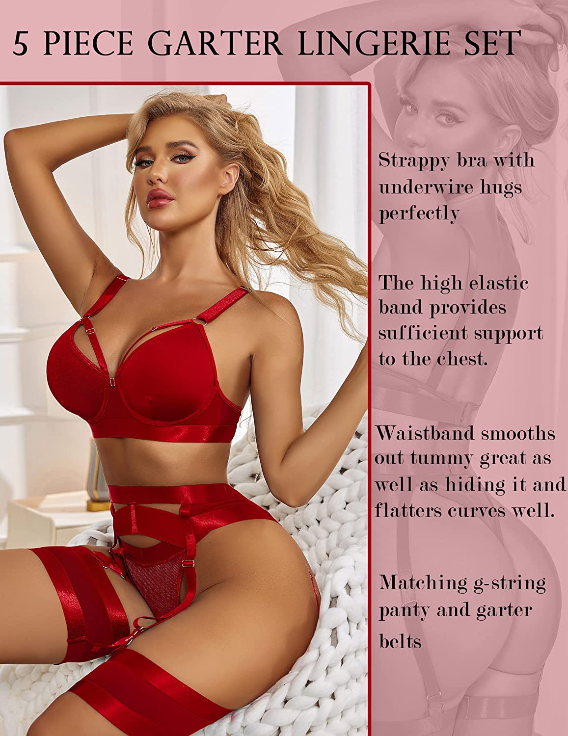 Avidlove Lingerie Set for with Underwire Strappy Lingerie Push Up 5 Piece Lingerie Set with Garter
