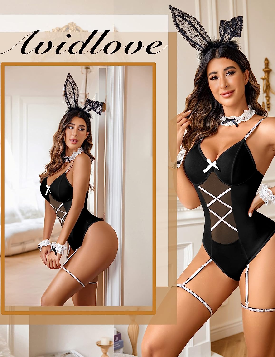 Avidlove Cosplay Lingerie Anime Costume Bodysuit Set Bunny Teddy Lingerie 3PC Maid Outfit