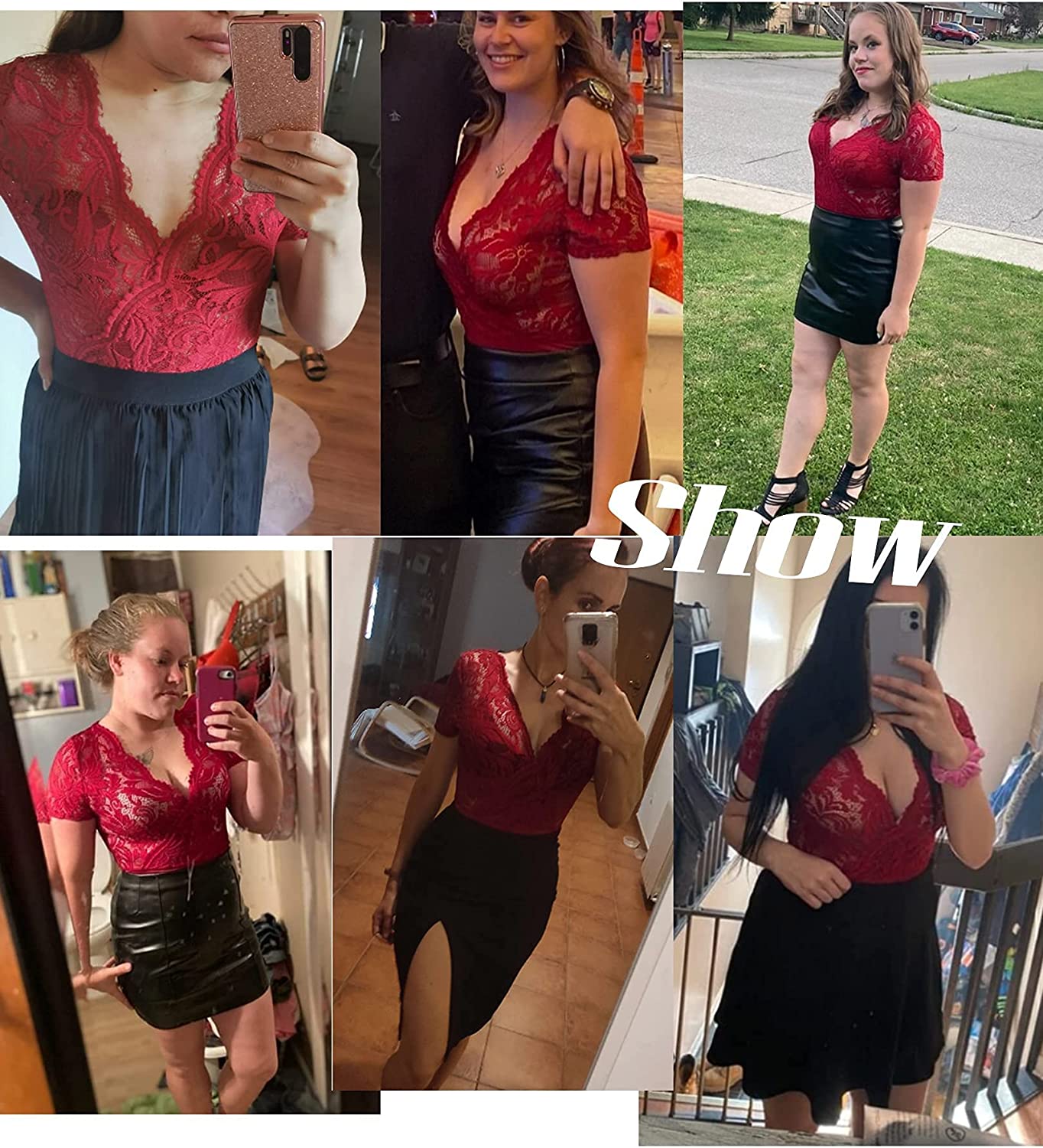 Avidlove Lace Short Sleeve Bodysuit Deep V Snap Crotch Clubwear Tops S-XXL