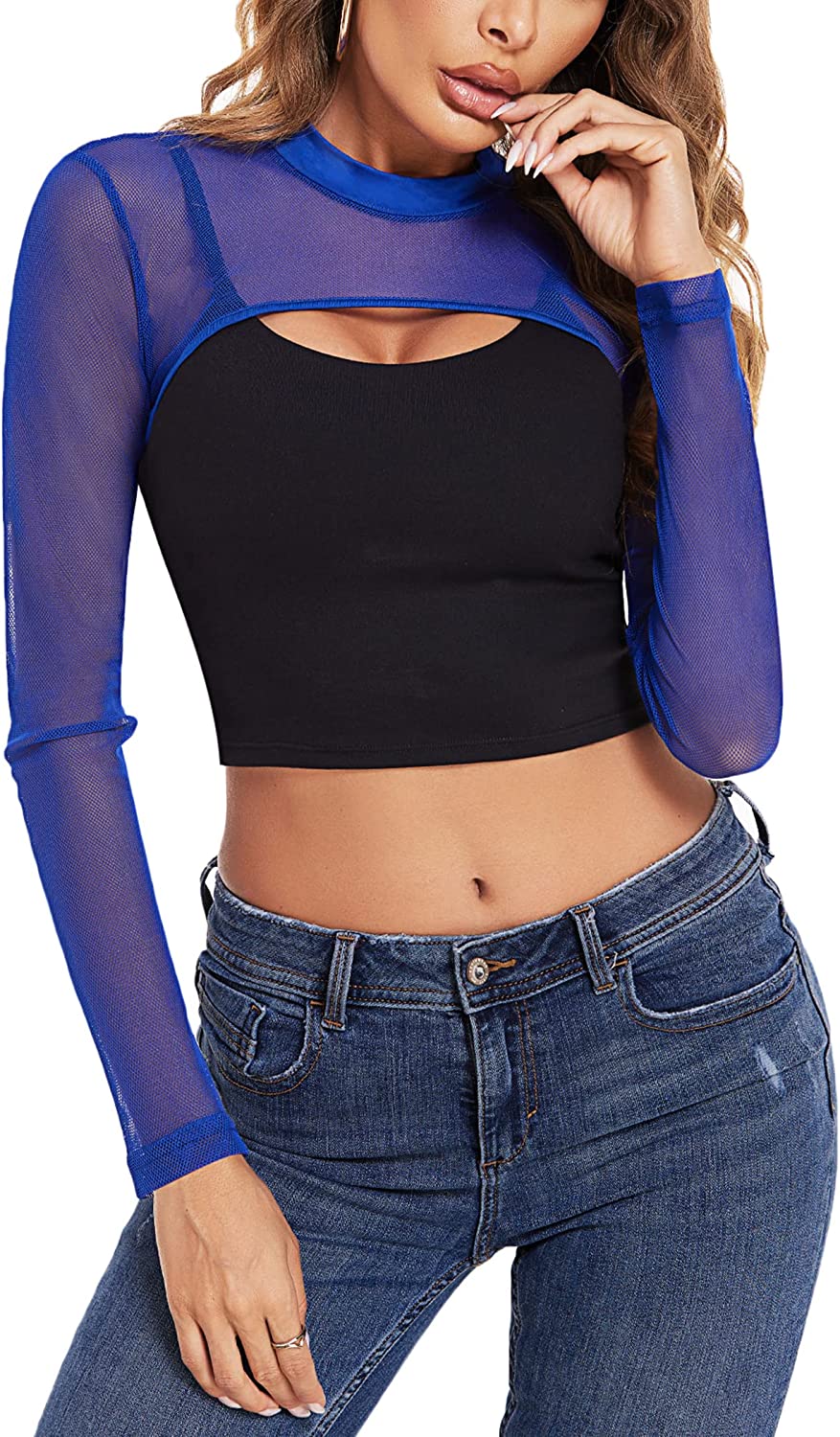 Avidlove Mesh Crop Tops for Mock Neck Long Sleeve Crop Top See Through Shirt Top Clubwear