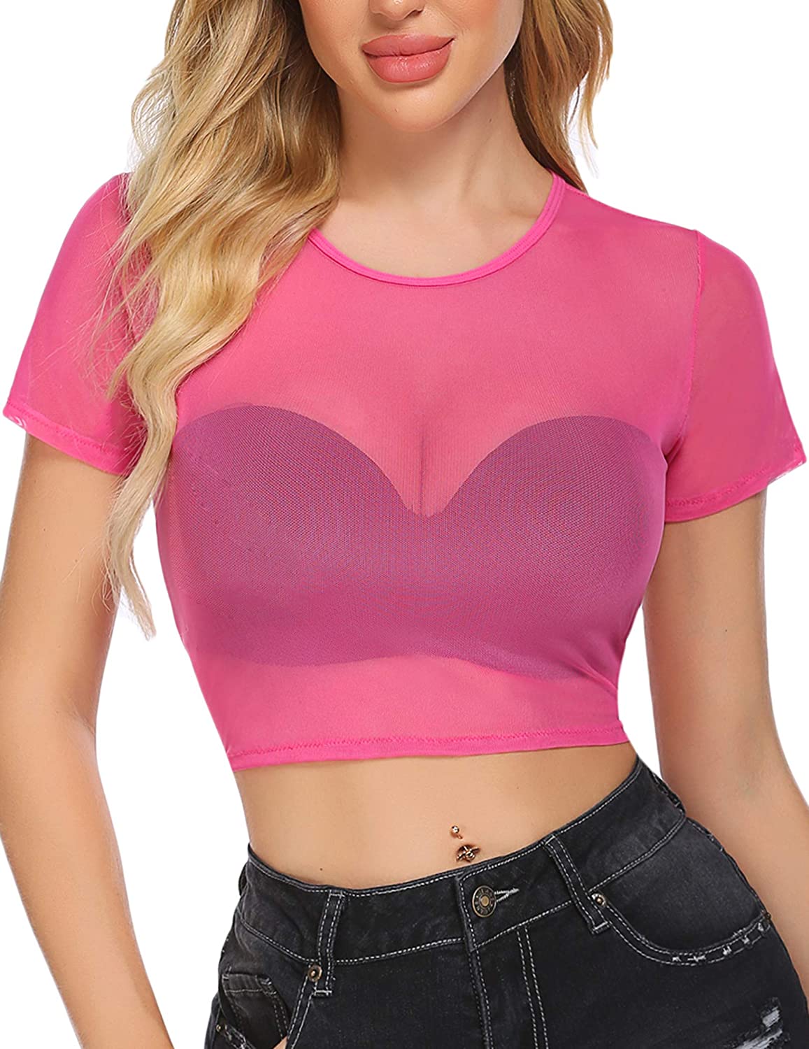 Avidlove Mesh Crop Top for Short Sleeve Bodycon Tees See Through Blouse O Neck Clubwear