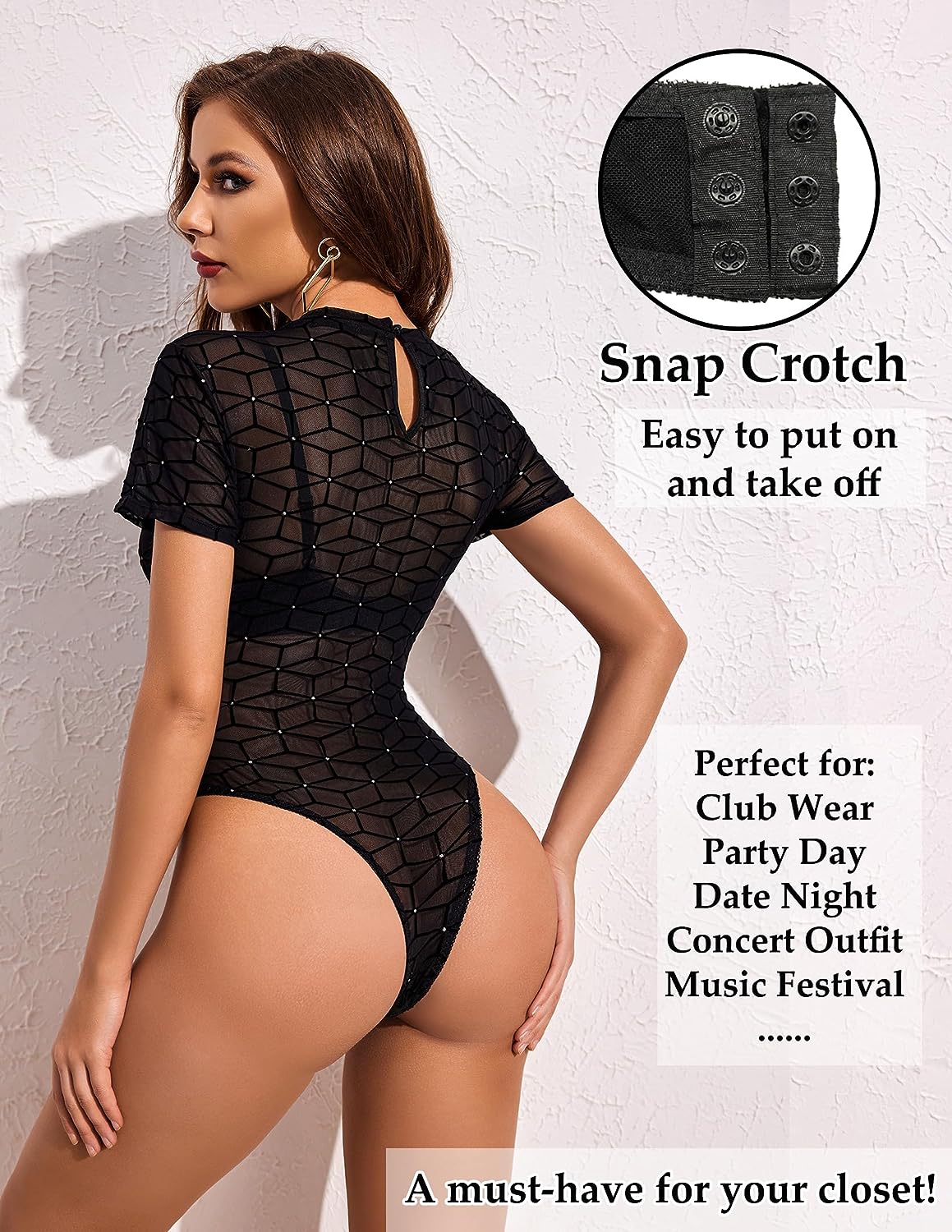 Avidlove Mesh Bodysuit Black Long Sleeve Bodysuit Round Neck Sheer Leotards Bodysuit Tops Snap Crotch