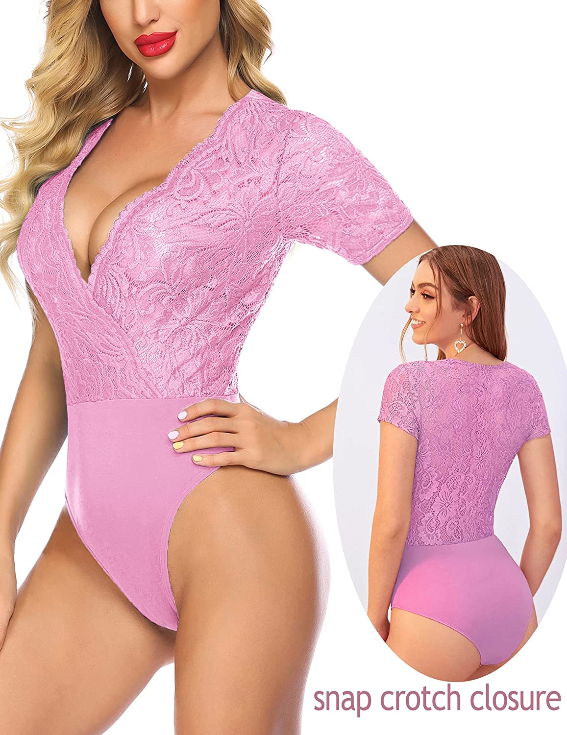 Avidlove Lace Short Sleeve Bodysuit Deep V Snap Crotch Clubwear Tops S-XXL