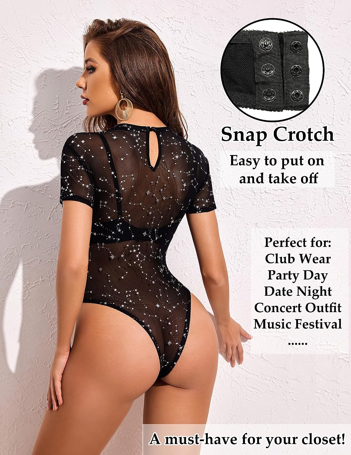 Avidlove Mesh Bodysuit Black Long Sleeve Bodysuit Round Neck Sheer Leotards Bodysuit Tops Snap Crotch