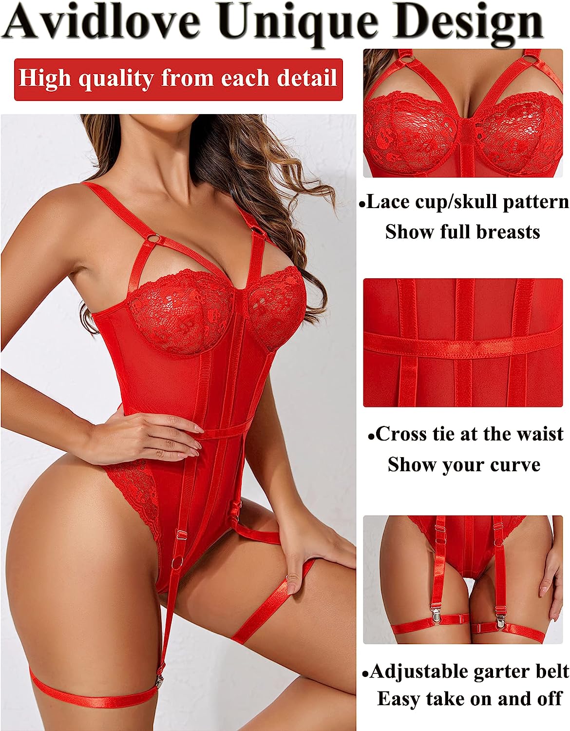 Avidlove Teddy Lingerie for with Garter Belt One Piece Lingerie Naughty Strappy Lingerie Lace Exotic Bodysuit