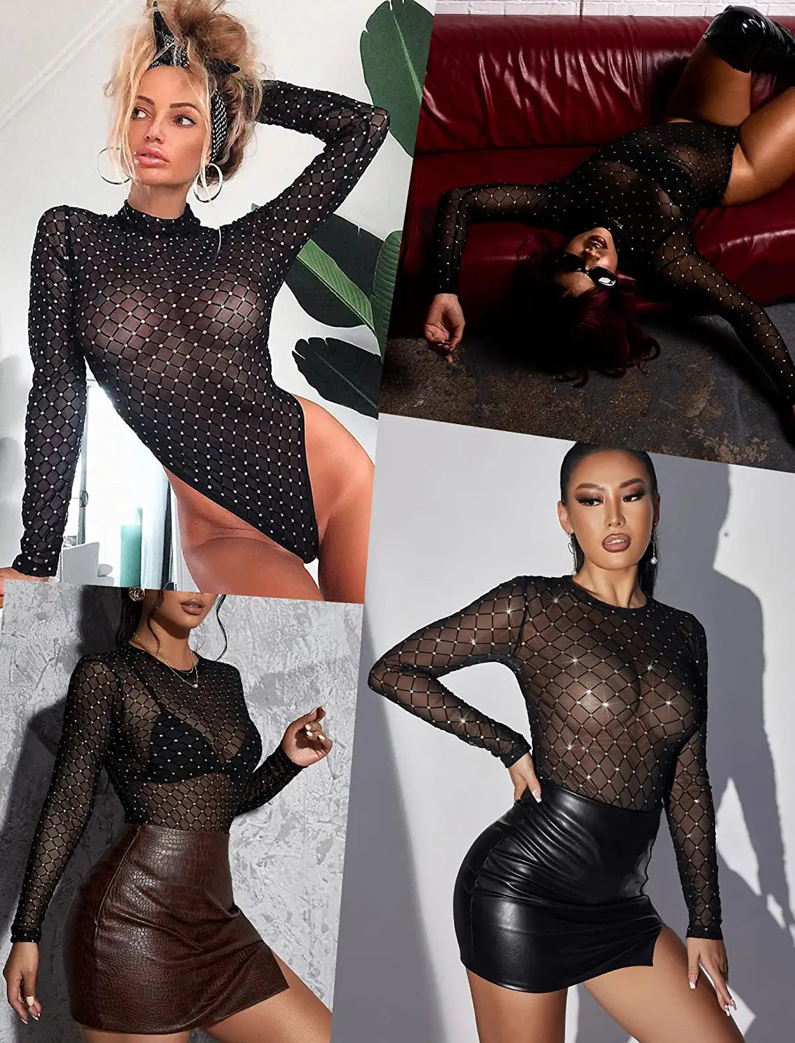 Avidlove Long Sleeve Mesh Bodysuit Round Neck Sheer Leotards Geo Print Bodysuit Top with Snap Crotch