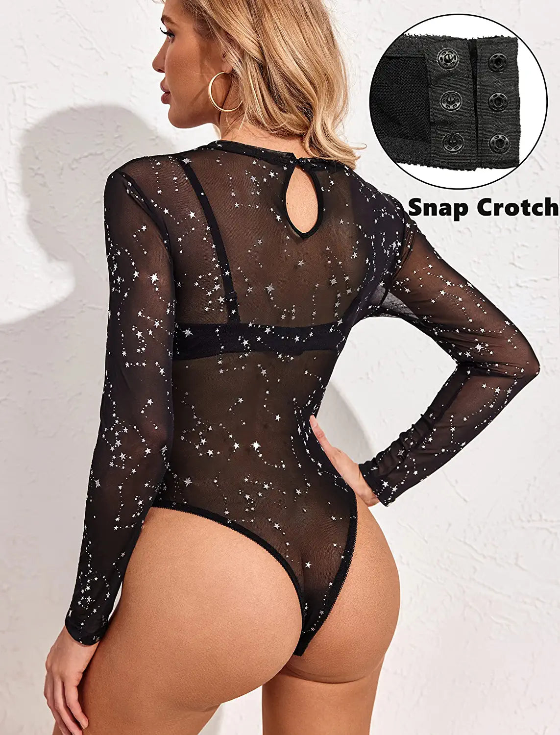 Avidlove Long Sleeve Mesh Bodysuit Round Neck Sheer Leotards Geo Print Bodysuit Top with Snap Crotch