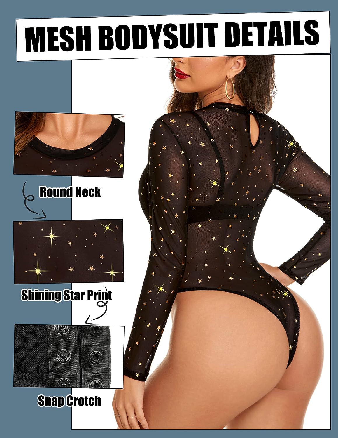 Avidlove Mesh Bodysuit Black Long Sleeve Bodysuit Round Neck Sheer Leotards Bodysuit Tops Snap Crotch