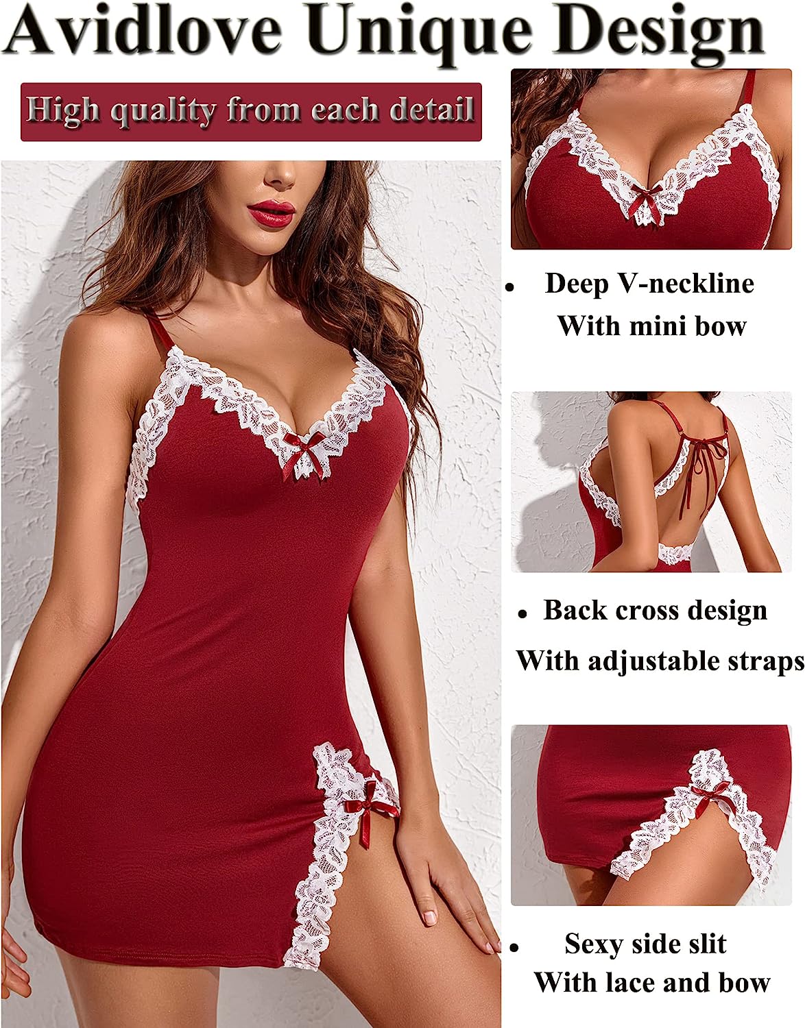 Avidlove Lingerie Lace Babydoll V Neck Sleepwear Cotton Nightgowns for Chemise