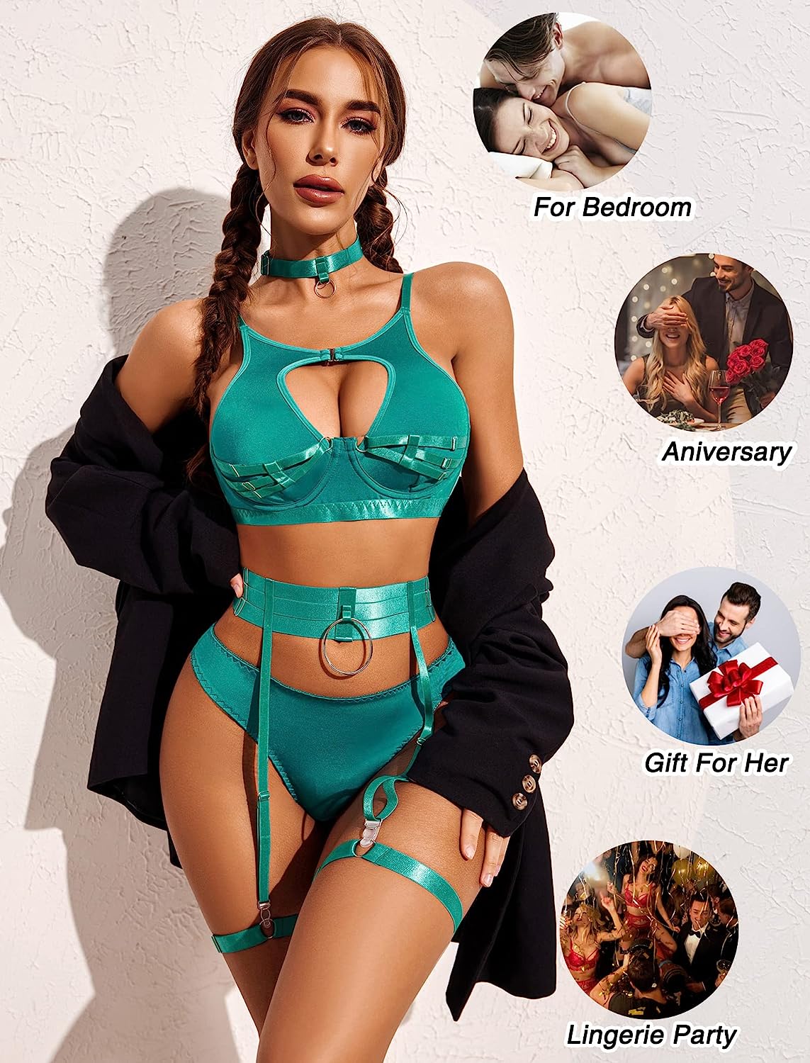 Avidlove Lingerie Set with Underwire Push Up Bondaged Lingerie Set 5 Piece Strappy Lingerie Set(No Stockings)