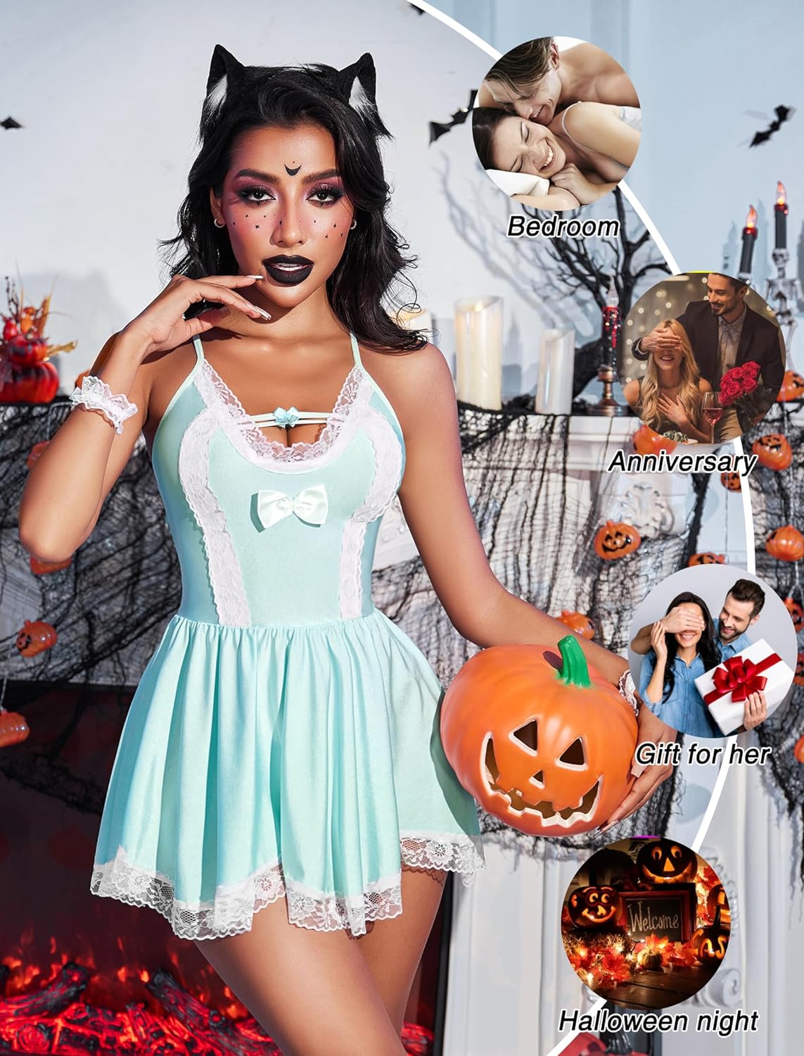 Avidlove Maid Costume Cosplay Lingerie Set Mesh Chemise Babydoll Lace Roleplay Outfit 4 Piece Strap Nightwear