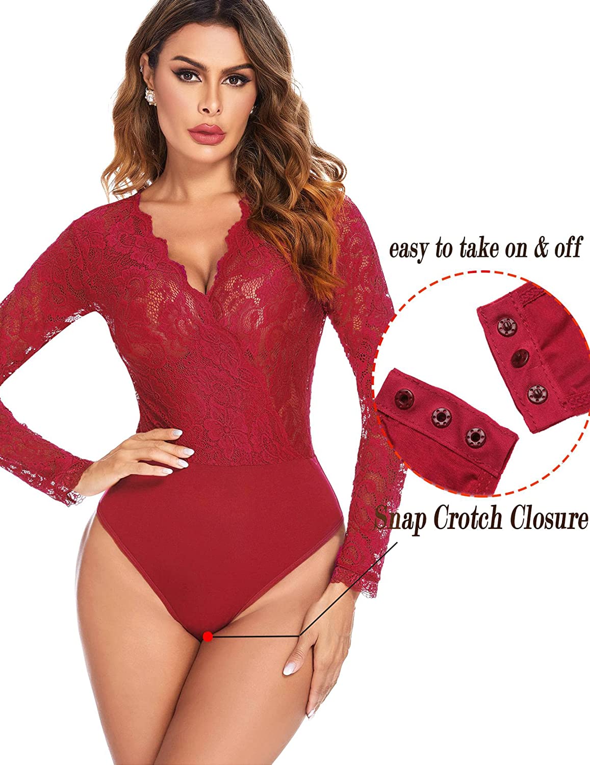 Avidlove Lace Short Sleeve Bodysuit Deep V Snap Crotch Clubwear Tops S-XXL