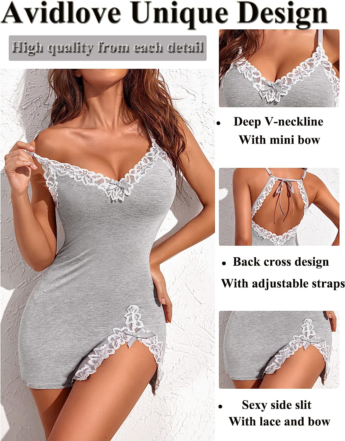 Avidlove Lingerie Lace Babydoll V Neck Sleepwear Cotton Nightgowns for Chemise