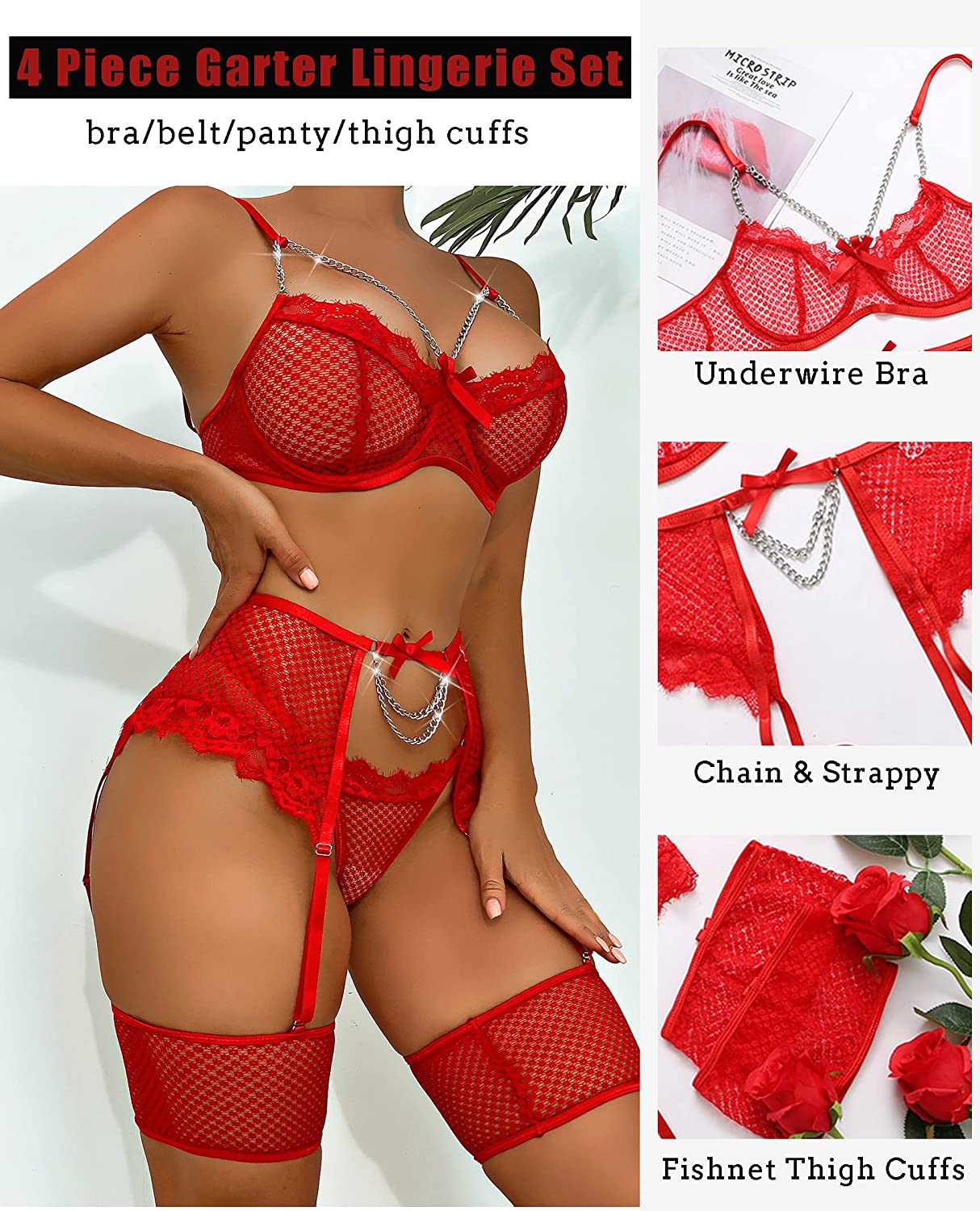 Avidlove Garter Set Lingerie for Fishnet Underwire Lace 4 Piece Sets Chain Bra S-XXL