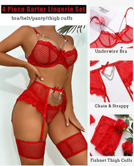 Avidlove Garter Set Lingerie for Fishnet Underwire Lace 4 Piece Sets Chain Bra S-XXL