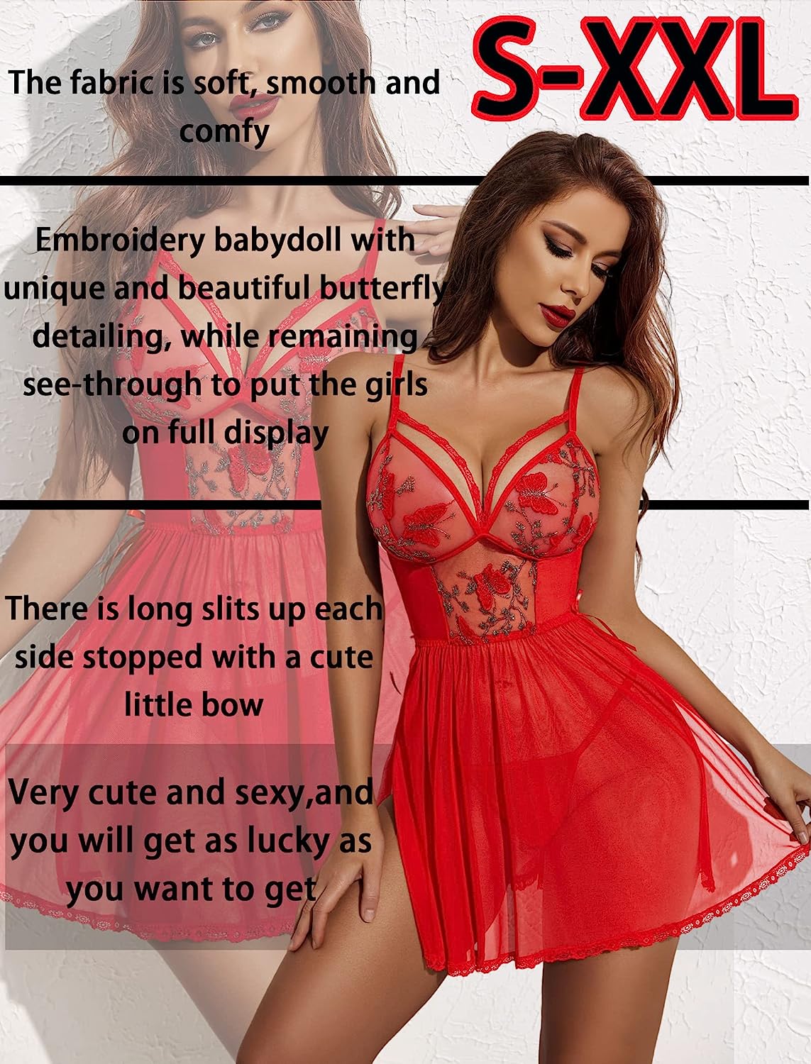 Avidlove Lingerie Lace Chemise Floral Embroidery Mesh Babydoll Side Slit Sleepwear
