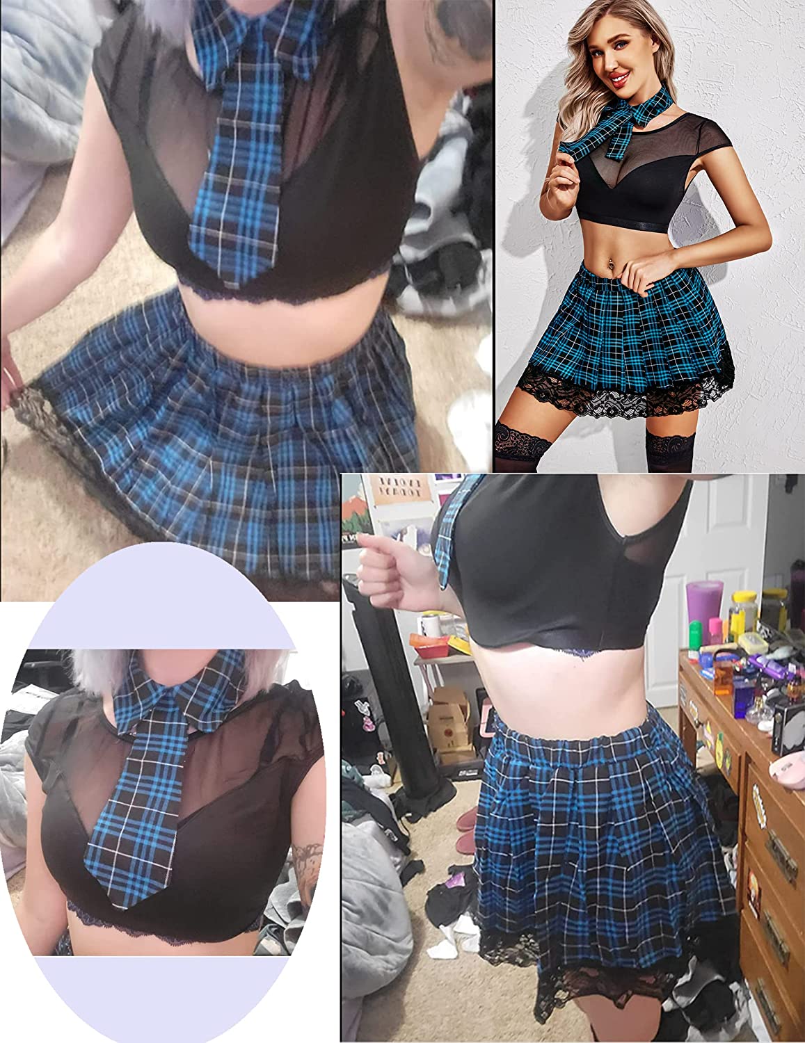 Avidlove Schoolgirl Lingerie for 3 Piece Mesh Crop Top & Plead Skirt Roleplay Costumes with Tie