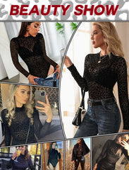 Avidlove Long Sleeve Mesh Bodysuit Round Neck Sheer Leotards Geo Print Bodysuit Top with Snap Crotch