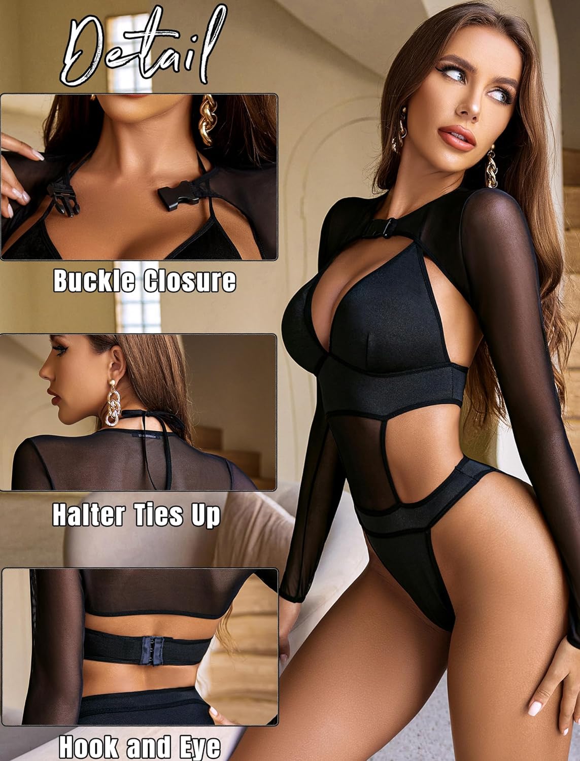 Avidlove Rave Outfits for Festival Lingerie Bodysuit Buckle Shrug Crop Top Set