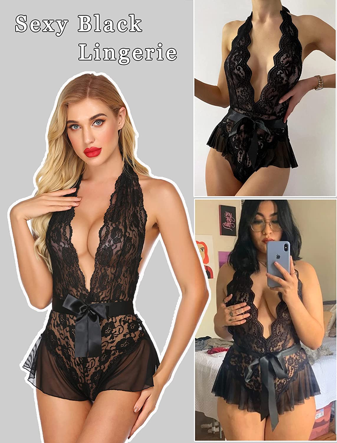 Avidlove Lingerie for Lace Teddy Bodysuit Halter V Neck One Piece Lingerie Babydoll XS-XXXL