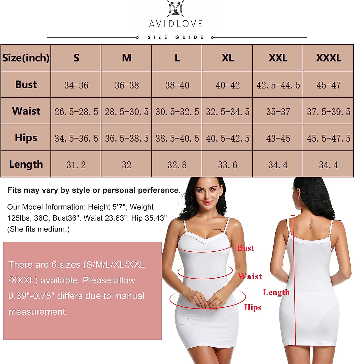 Avidlove Full Slip Under Dress Adjustable Spaghetti Strap Cami Slips Undergarment Nightwear