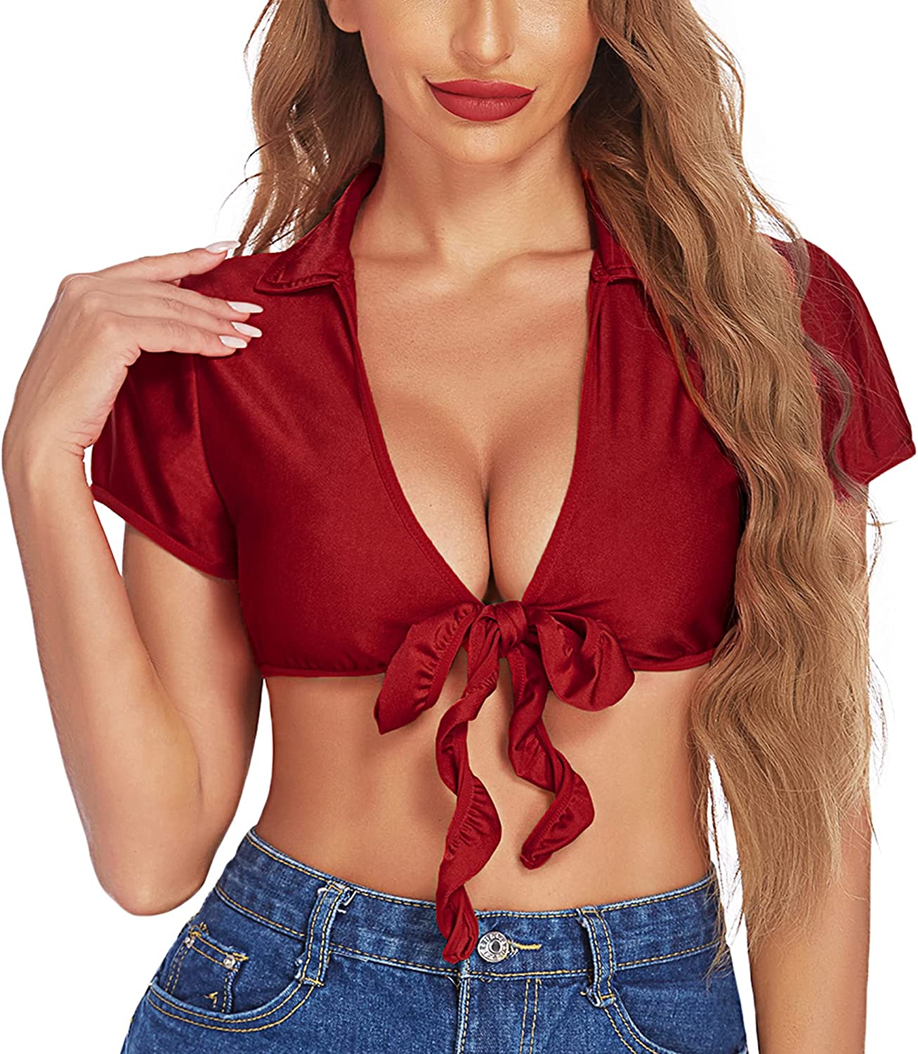 Avidlove Lingerie for Crop Top Tie up Shrug Cosplay Shirt Short Sleeve Bolero Cardigan