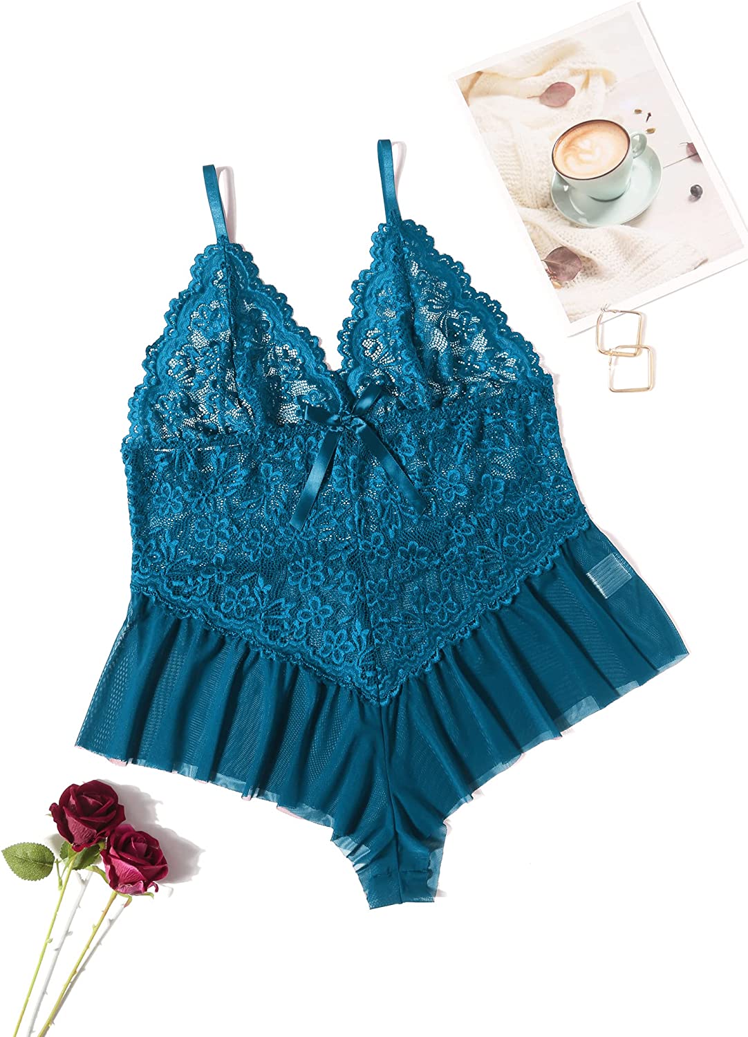 Avidlove Plus Size Lingerie for Lace Bodysuit One Piece Teddy Babydoll Mesh Chemise V Neck Sleepwear L-4XL