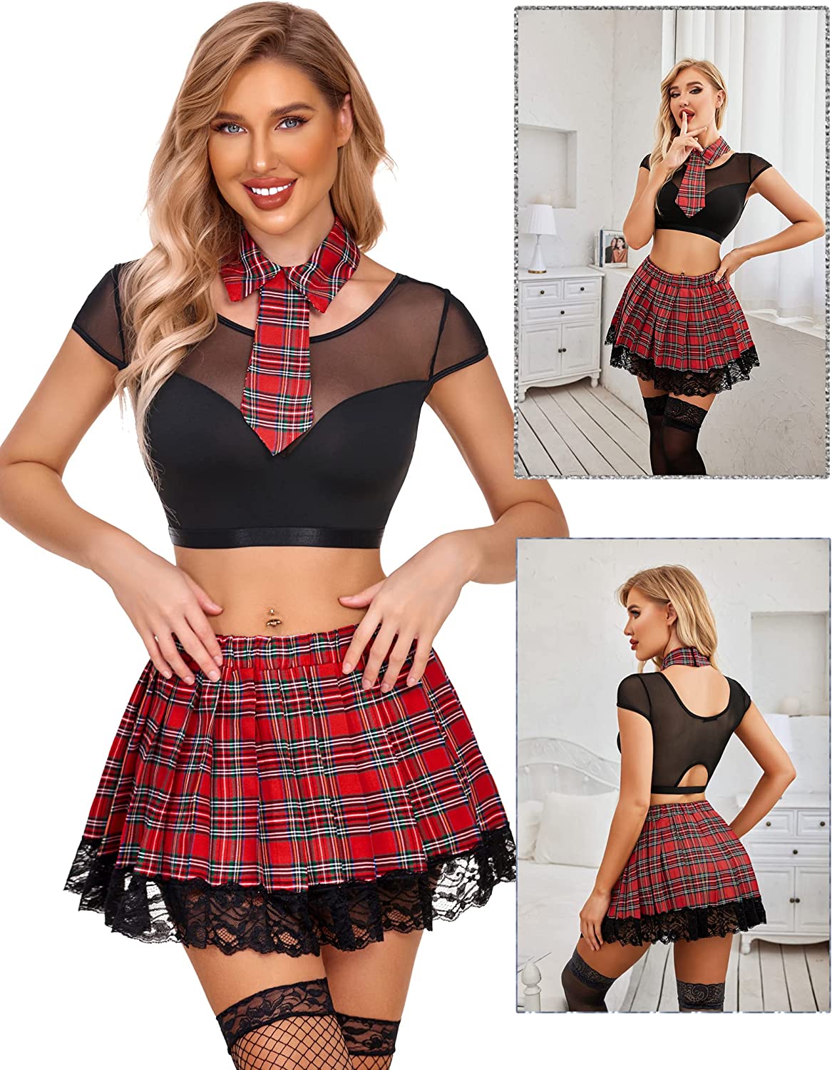 Avidlove Schoolgirl Lingerie for 3 Piece Mesh Crop Top & Plead Skirt Roleplay Costumes with Tie