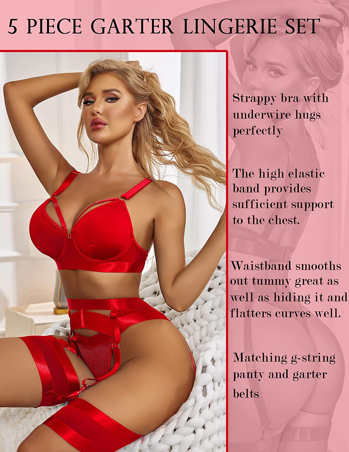 Avidlove Lingerie Set for with Underwire Strappy Lingerie Push Up 5 Piece Lingerie Set with Garter