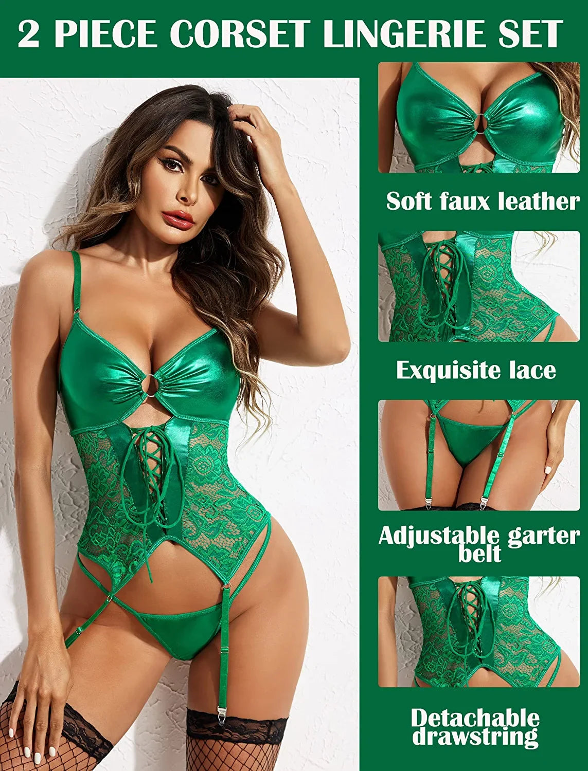 Avidlove Leather Bodysuit Lace Up Corset Set With Garter Lace Bodysuit Teddy with Panty