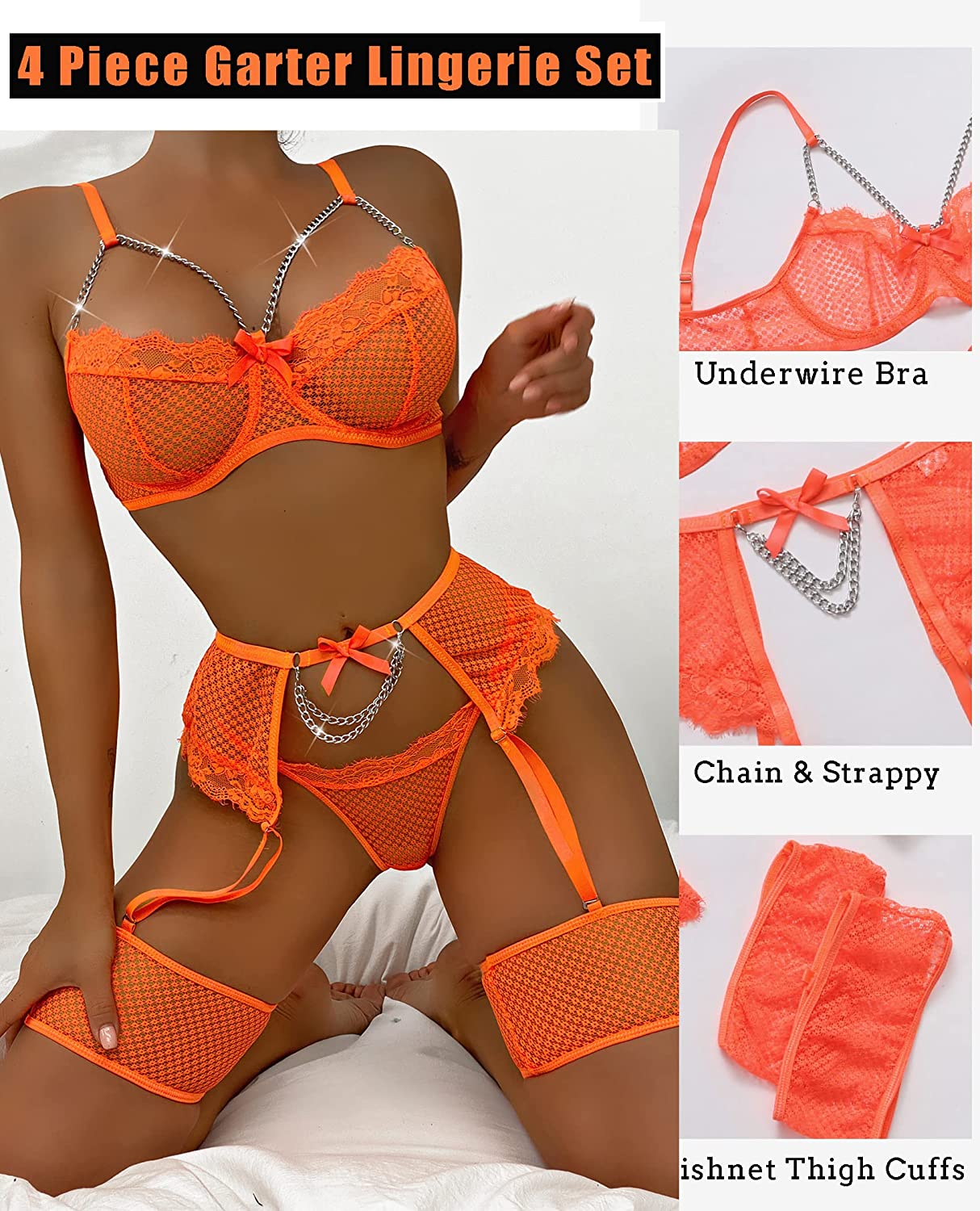 Avidlove Garter Set Lingerie for Fishnet Underwire Lace 4 Piece Sets Chain Bra S-XXL