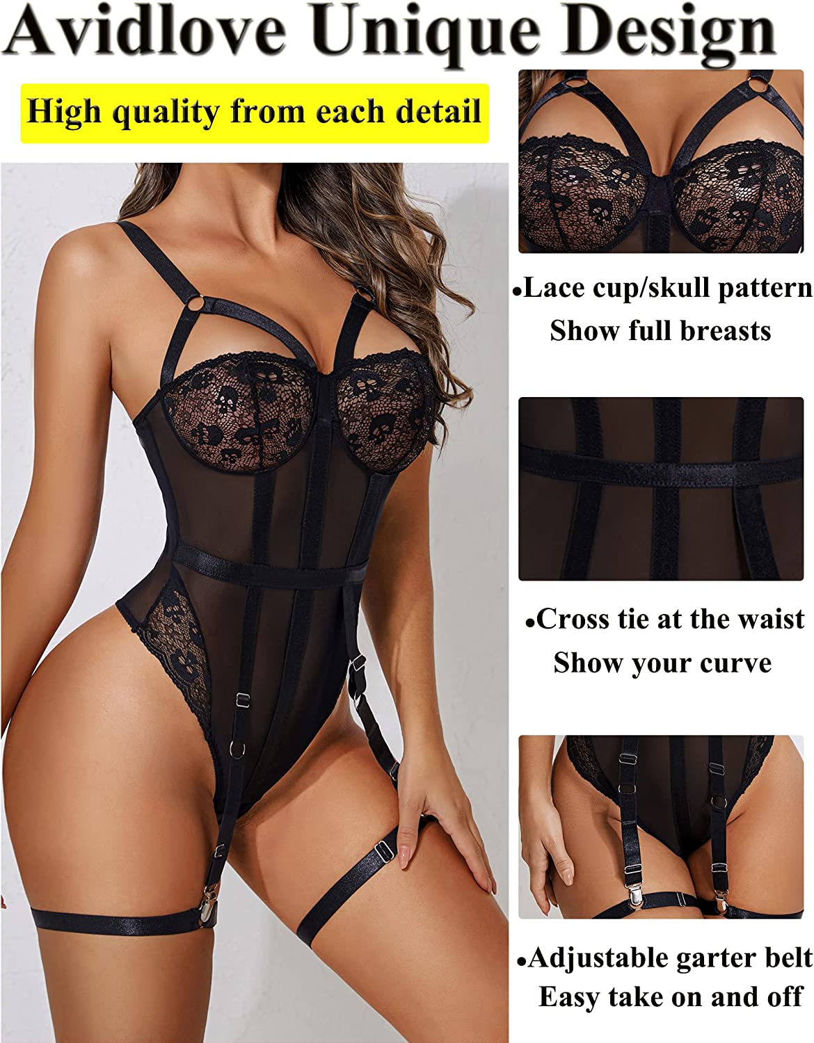 Avidlove Teddy Lingerie for with Garter Belt One Piece Lingerie Naughty Strappy Lingerie Lace Exotic Bodysuit