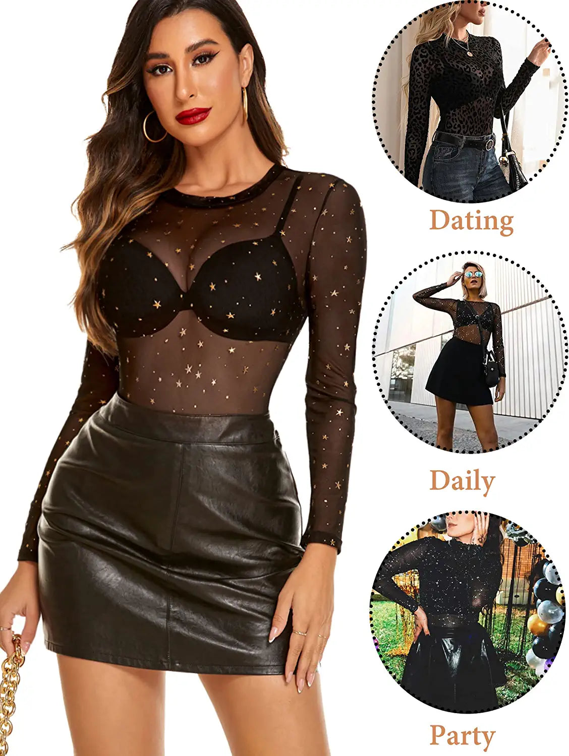 Avidlove Long Sleeve Mesh Bodysuit Round Neck Sheer Leotards Geo Print Bodysuit Top with Snap Crotch