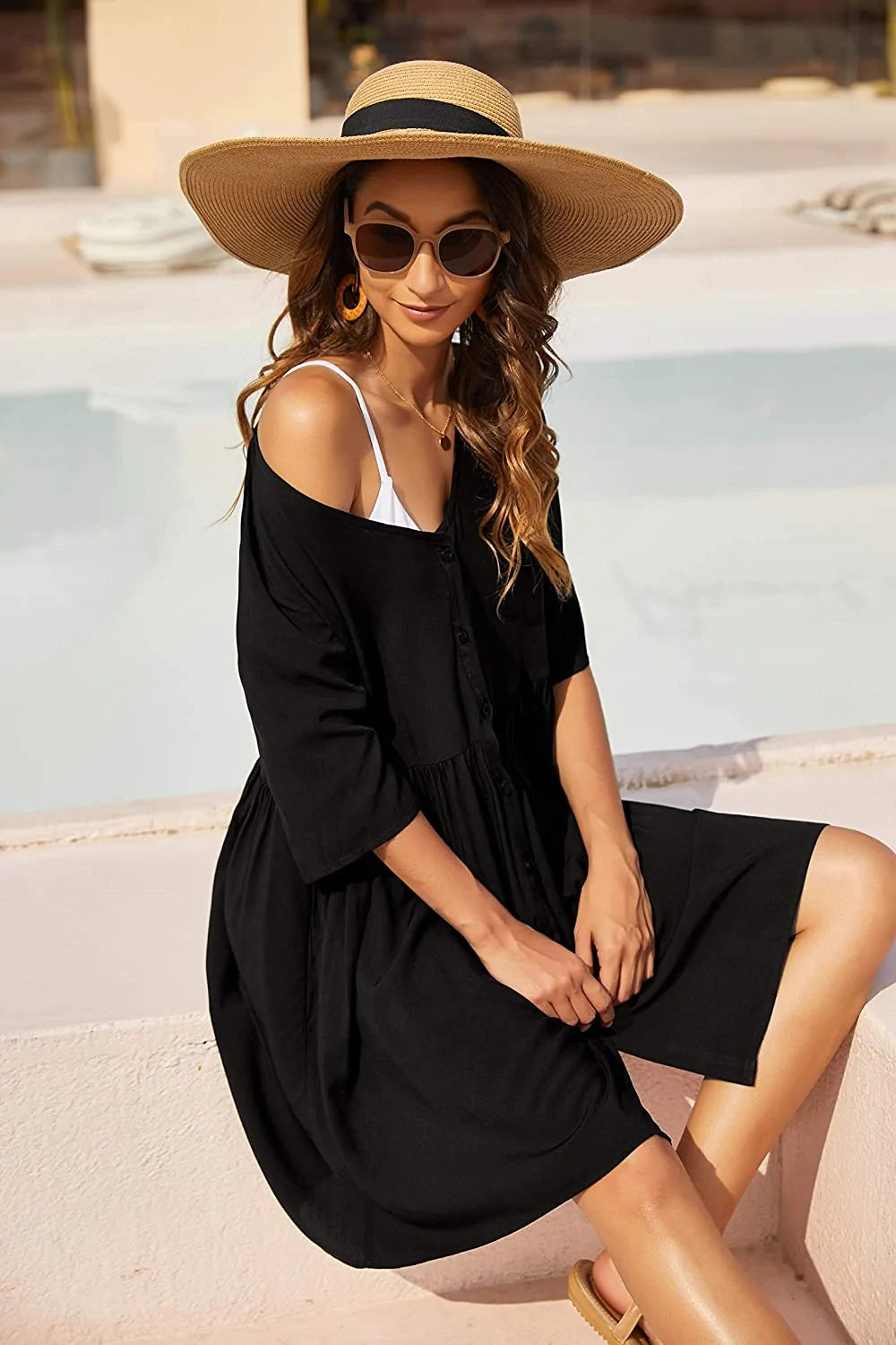 Avidlove Swimsuit Beach Cover Up 3/4 Sleeve Beach Bikini Shirt Bathing Suit Beach Dress with Pockets