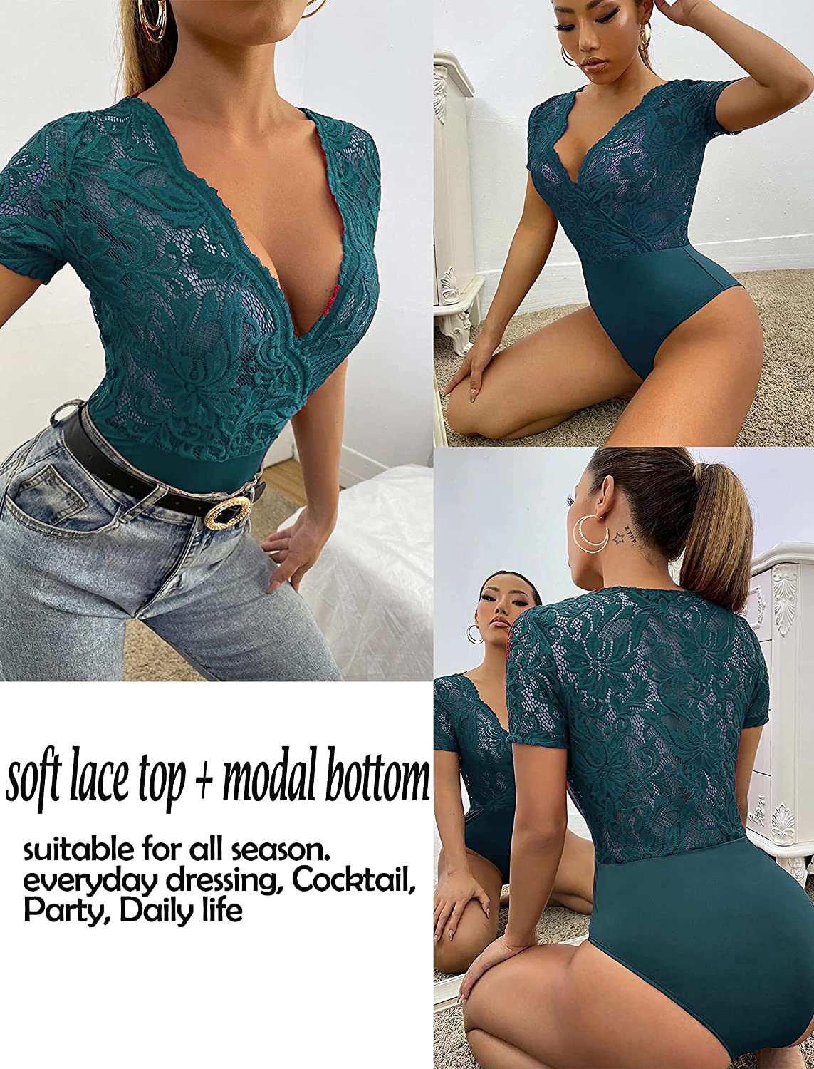 Avidlove Lace Short Sleeve Bodysuit Deep V Snap Crotch Clubwear Tops S-XXL