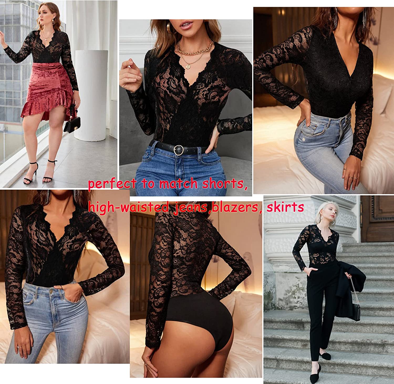 Avidlove Lace Short Sleeve Bodysuit Deep V Snap Crotch Clubwear Tops S-XXL
