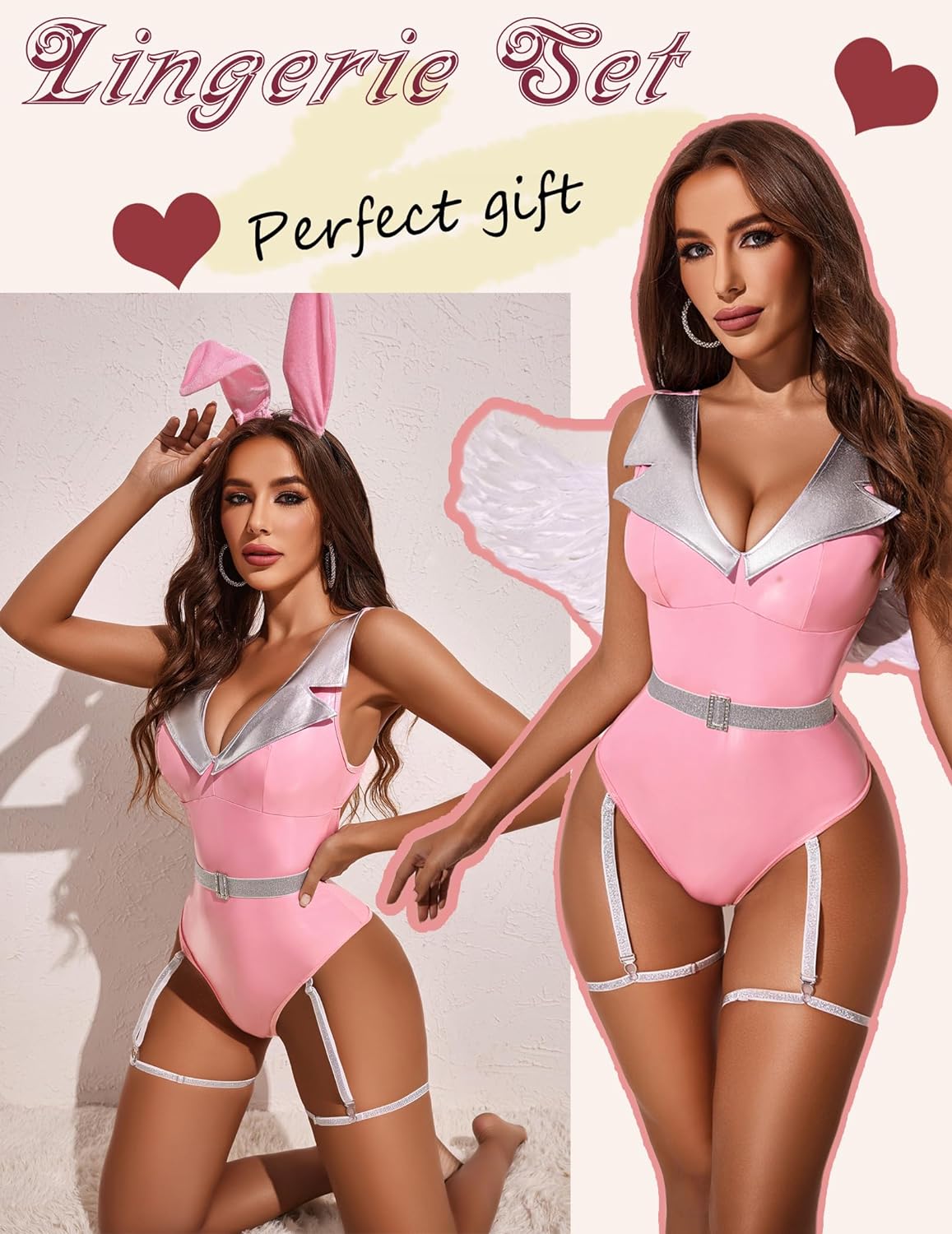 Avidlove Leather Lingerie for Snap Crotch Teddy Mini Babydoll Fashion Garter Set