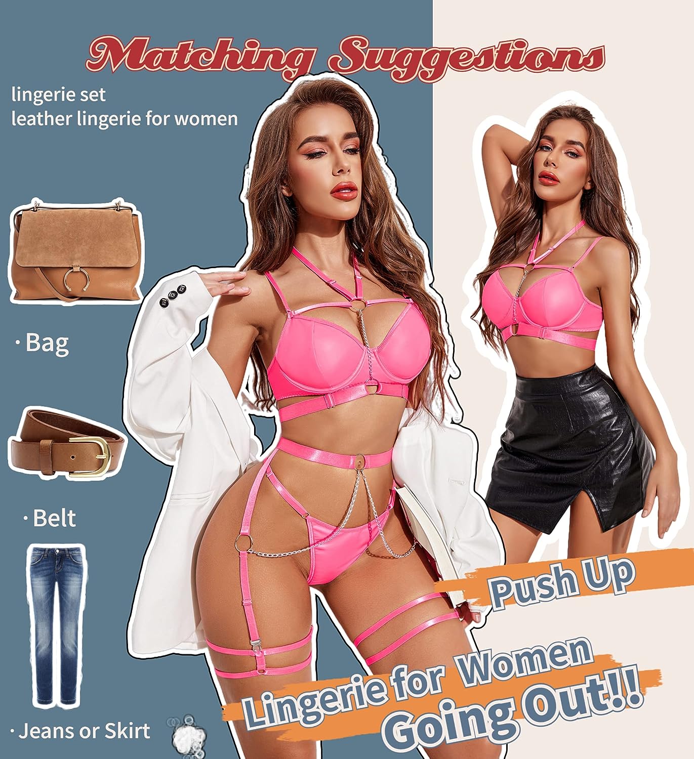 Avidlove Lingerie Set Strappy 5 Piece Lingerie Garter with Underwire Push Up Bra and Chain