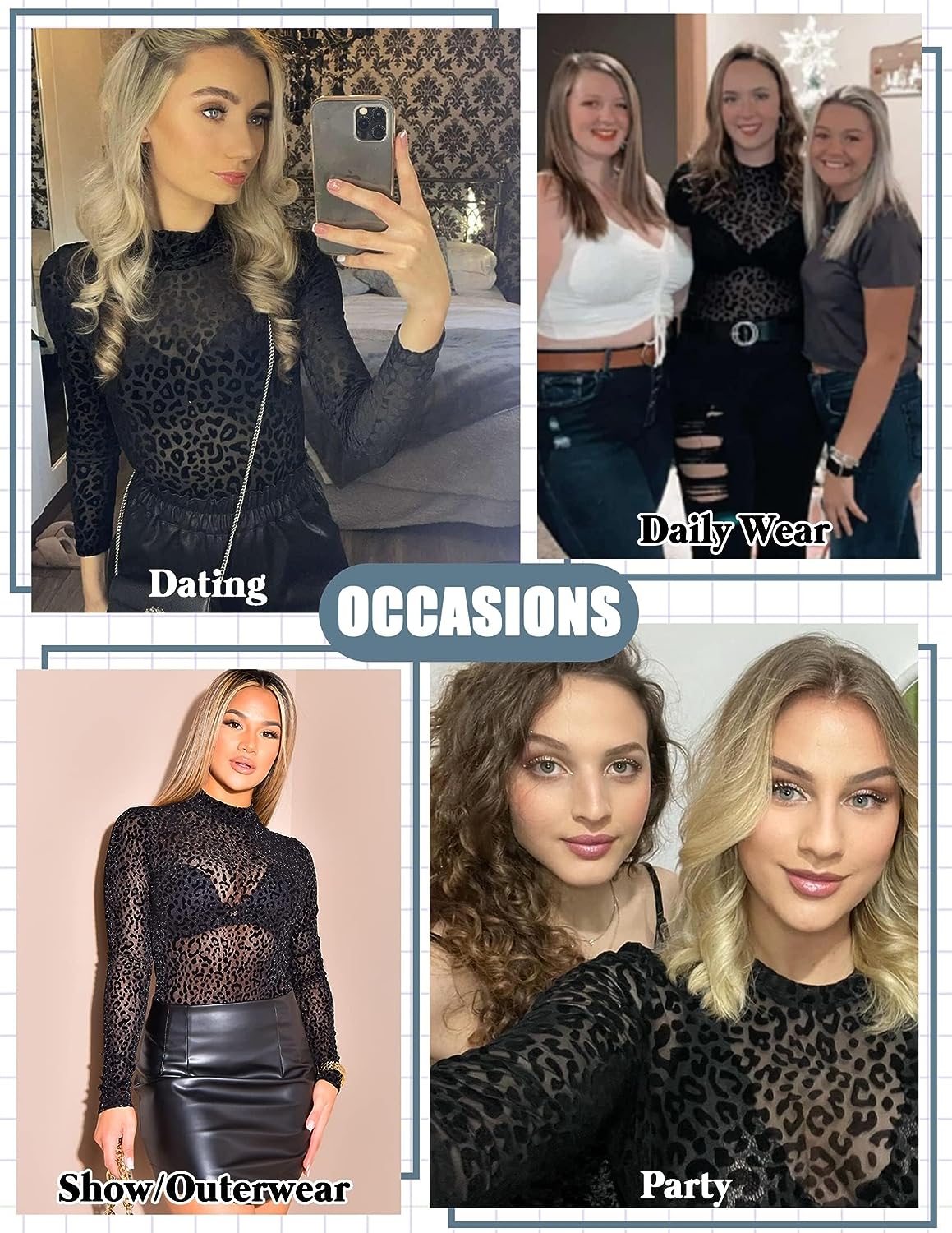 Avidlove Mesh Bodysuit Black Long Sleeve Bodysuit Round Neck Sheer Leotards Bodysuit Tops Snap Crotch