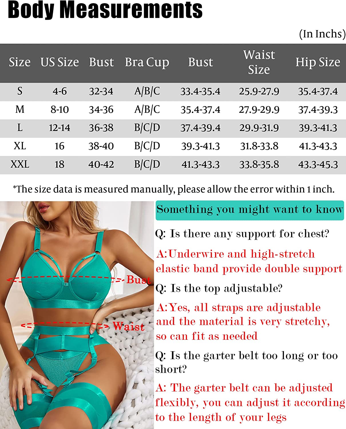 Avidlove Lingerie Set for with Underwire Strappy Lingerie Push Up 5 Piece Lingerie Set with Garter