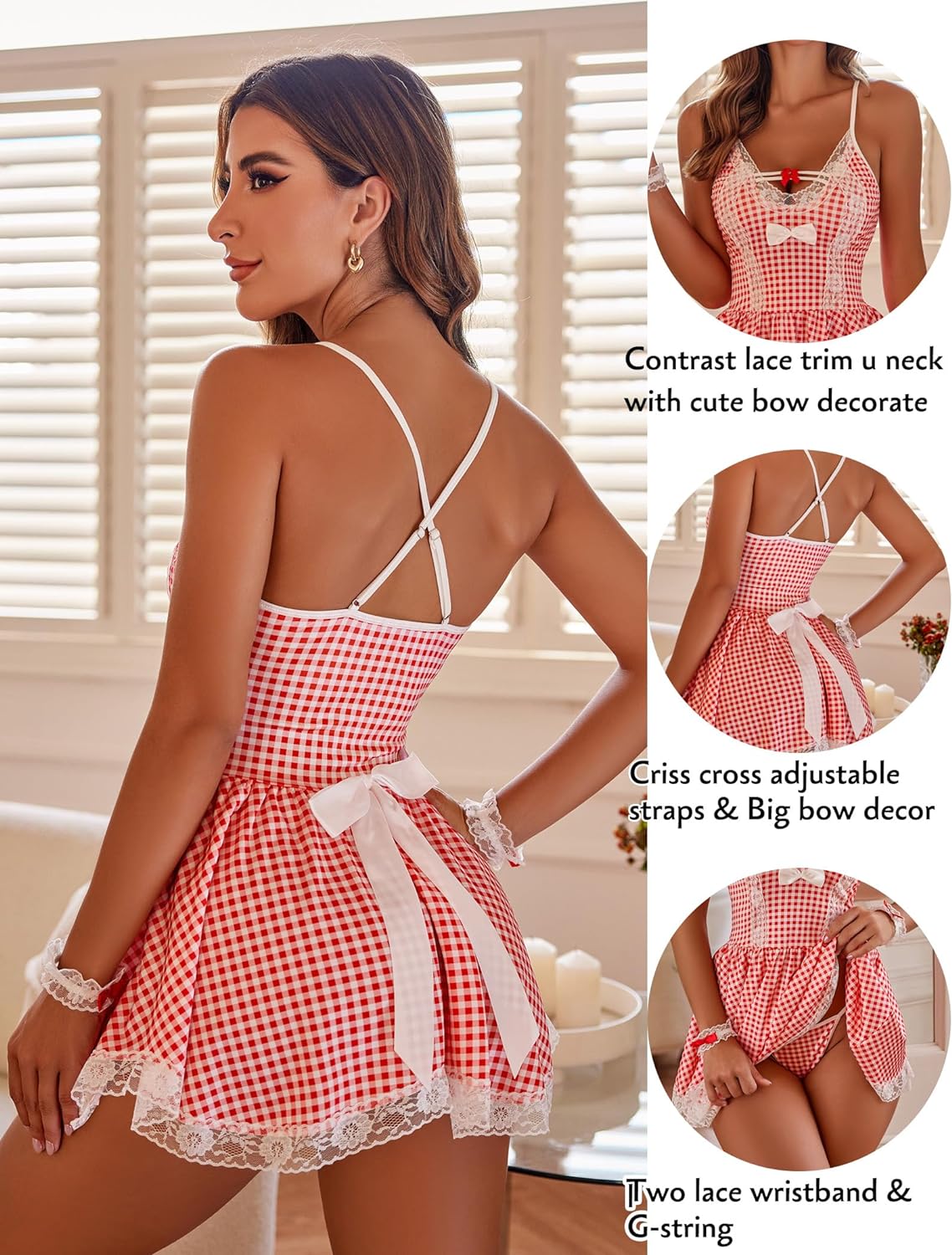 Avidlove Maid Costume Cosplay Lingerie Set Mesh Chemise Babydoll Lace Roleplay Outfit 4 Piece Strap Nightwear