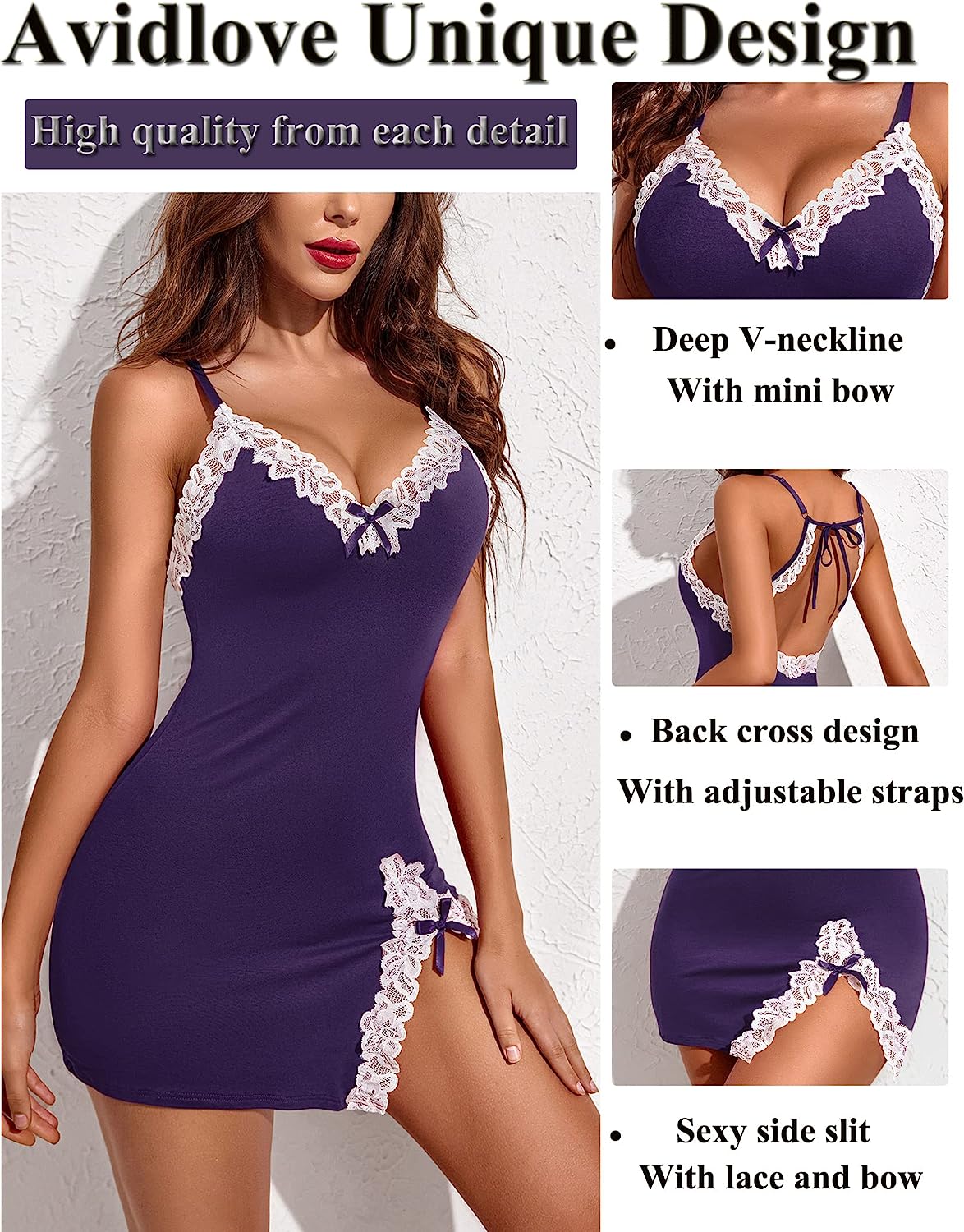 Avidlove Lingerie Lace Babydoll V Neck Sleepwear Cotton Nightgowns for Chemise