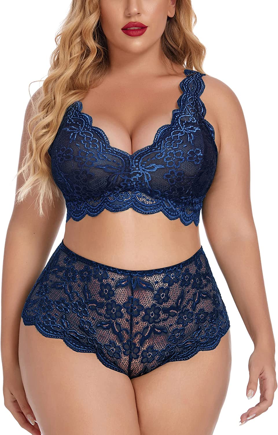 Avidlove Plus Size Lingerie Set Lace Halter Bralette High Waist Panty Set