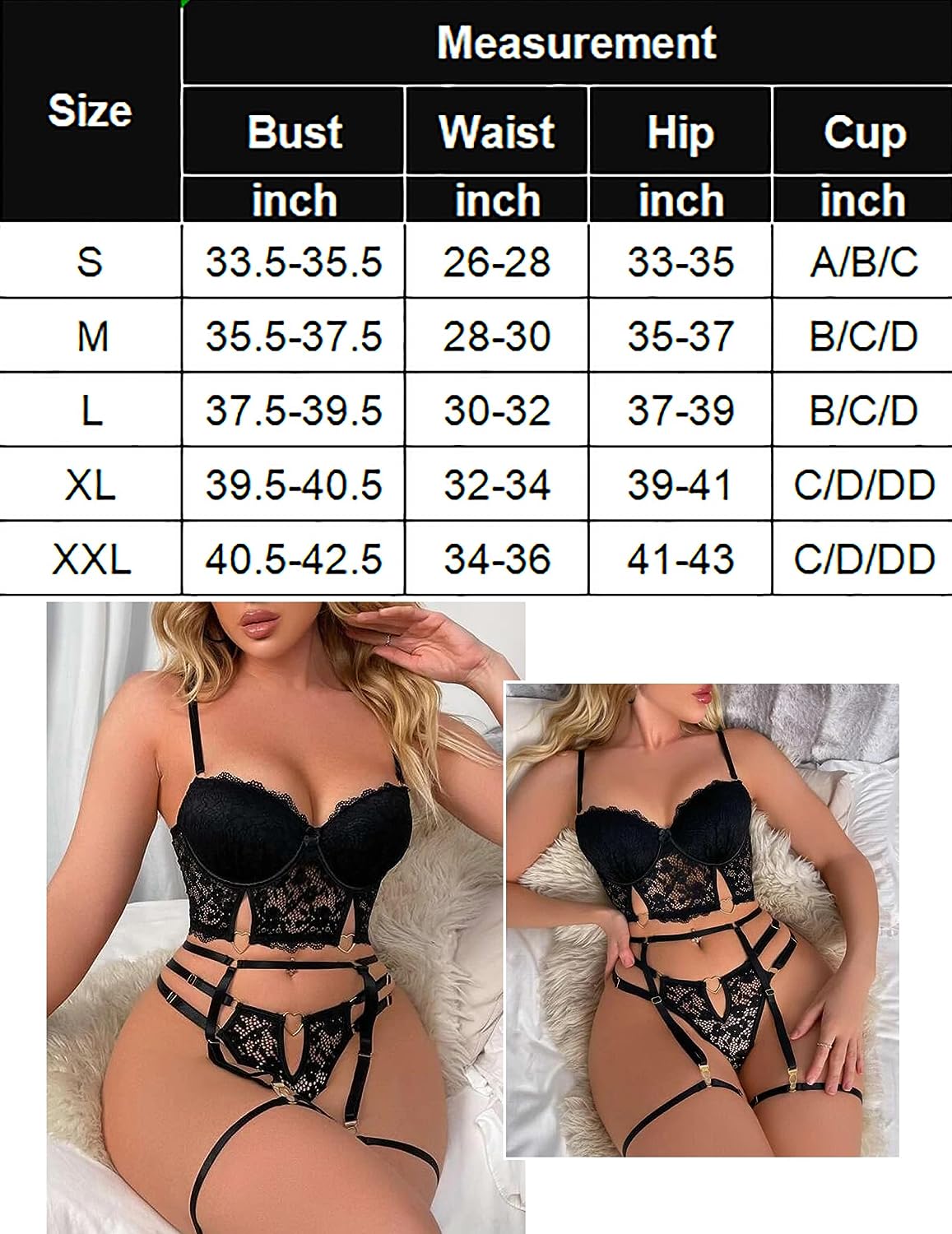 Avidlove Garter Lingerie for Women, Lace Lingerie with Underwire, Matching 4 Piece Push Up Lingerie Set