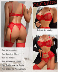 Avidlove Garter Set Lingerie for Fishnet Underwire Lace 4 Piece Sets Chain Bra S-XXL