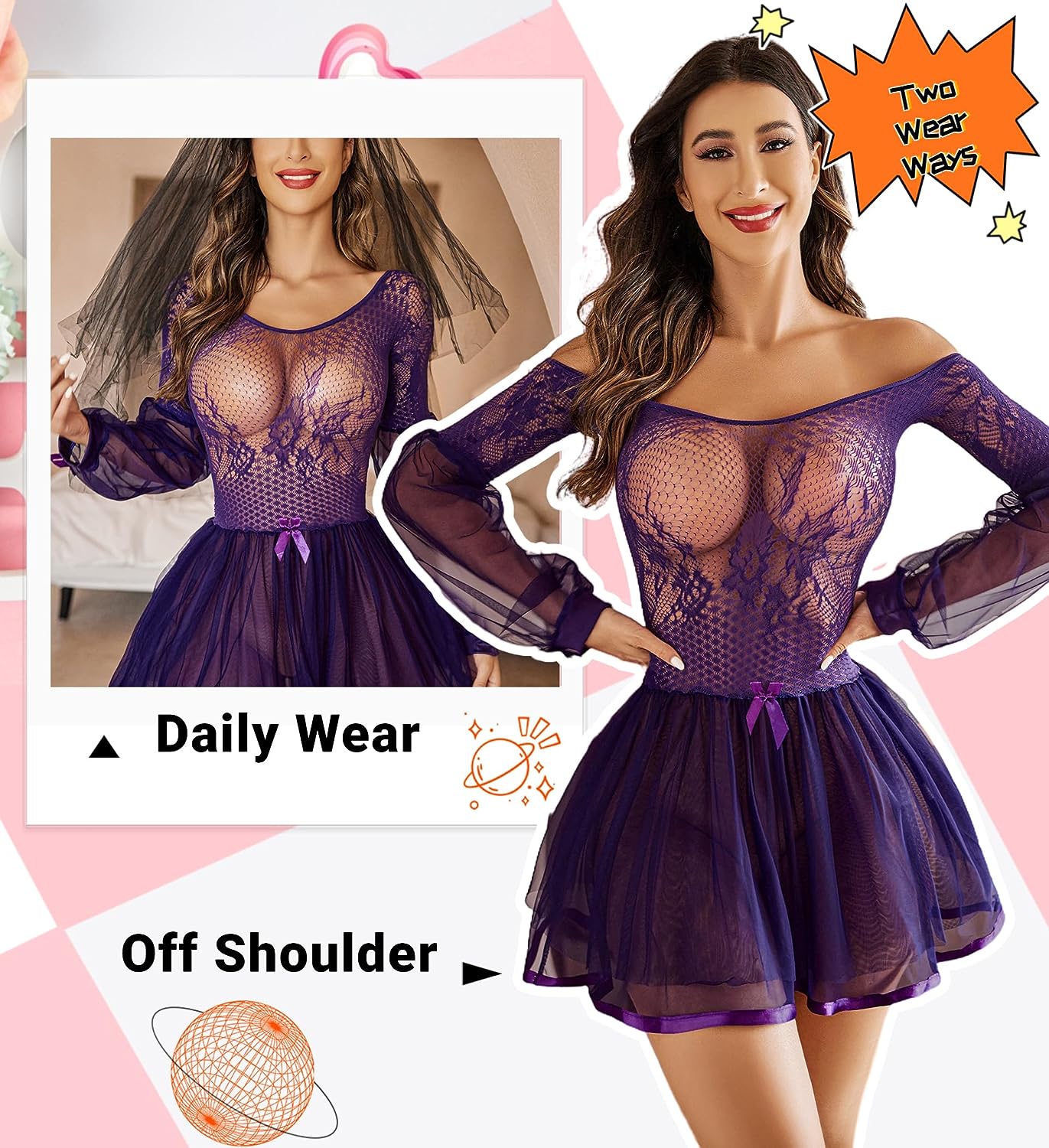 Avidlove Lingerie for Lace Babydoll Lingerie Dress Long Sleeve Lingerie Nightwear Chemise Nightie